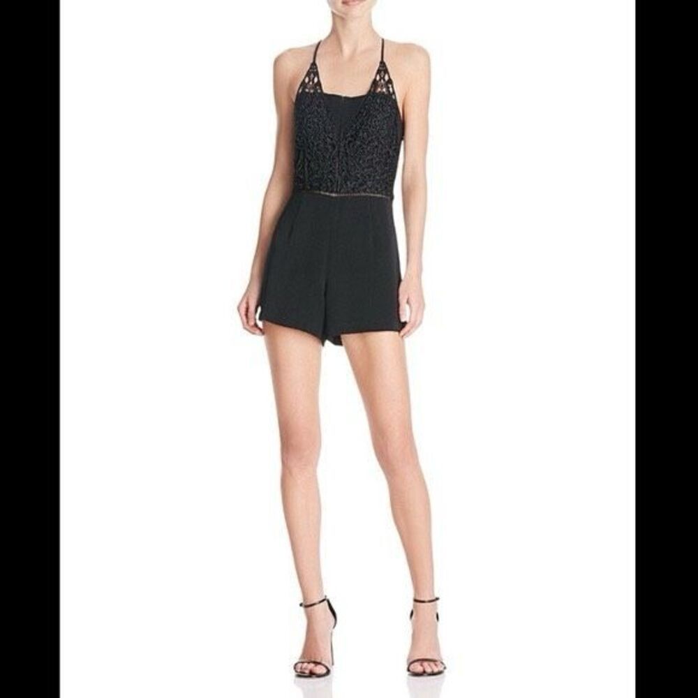 J.O.A Los Angeles Halter Neck Romper Lace Overlay Cotton Black M